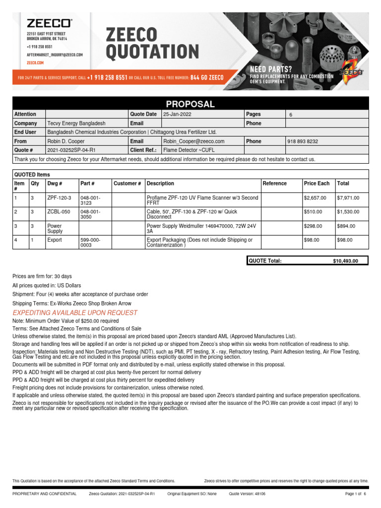 Flame Scanner & Power Supply Quotation by Zeeco PDF