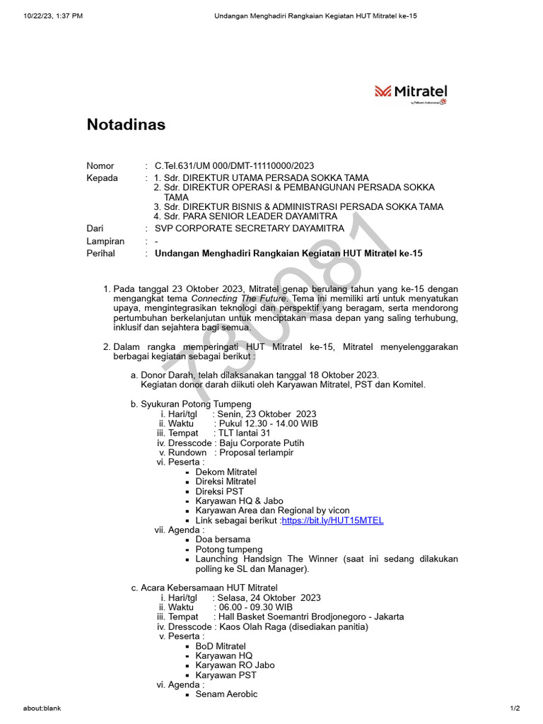 Undangan Menghadiri Rangkaian Kegiatan HUT Mitratel Ke-15 | PDF
