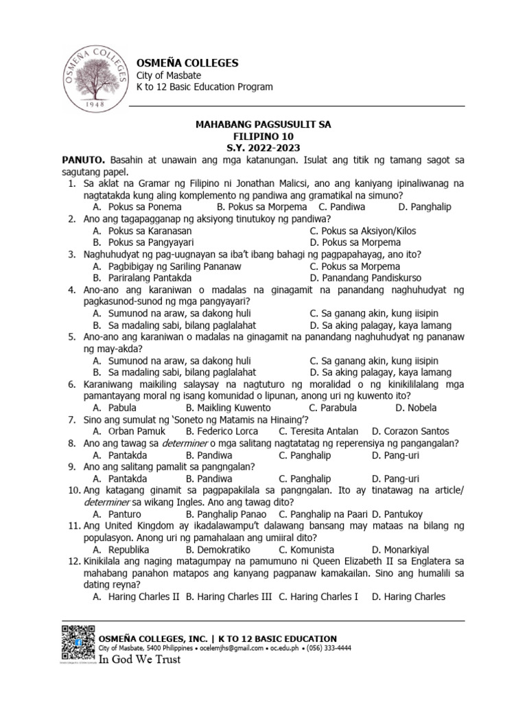 Mahabang Pagsusulit sa Filipino 10 | PDF | Language Arts & Discipline ...