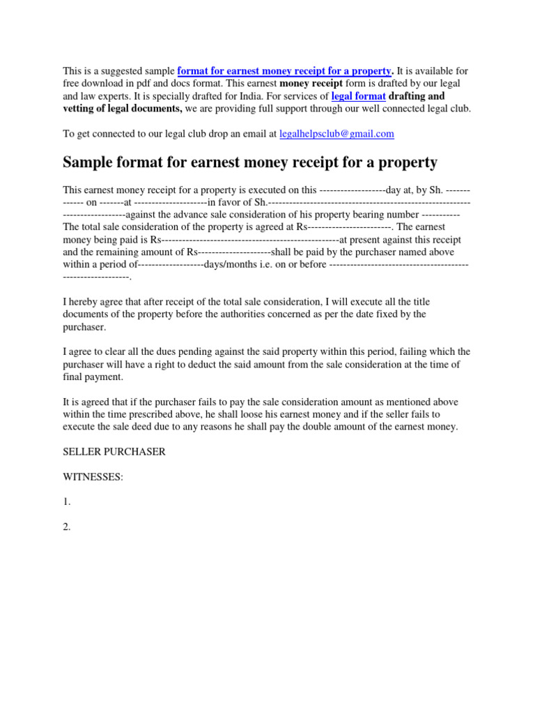Earnest Money Receipt Format For A Property PDF