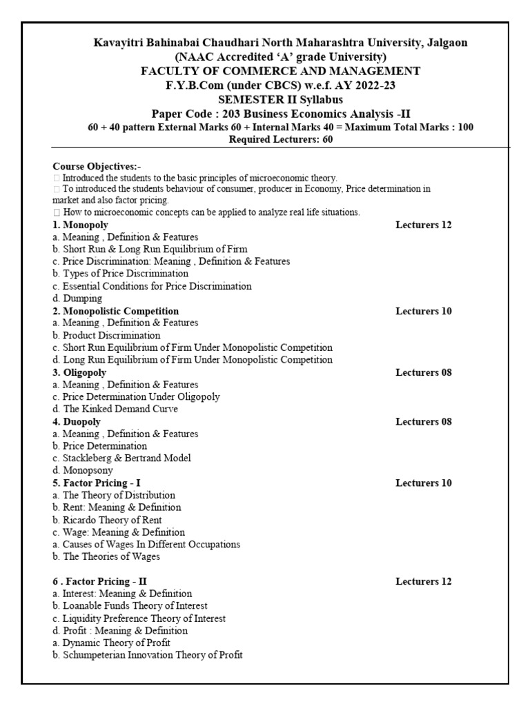 B.Com Semester II Syllabus | PDF | Monopoly | Mean