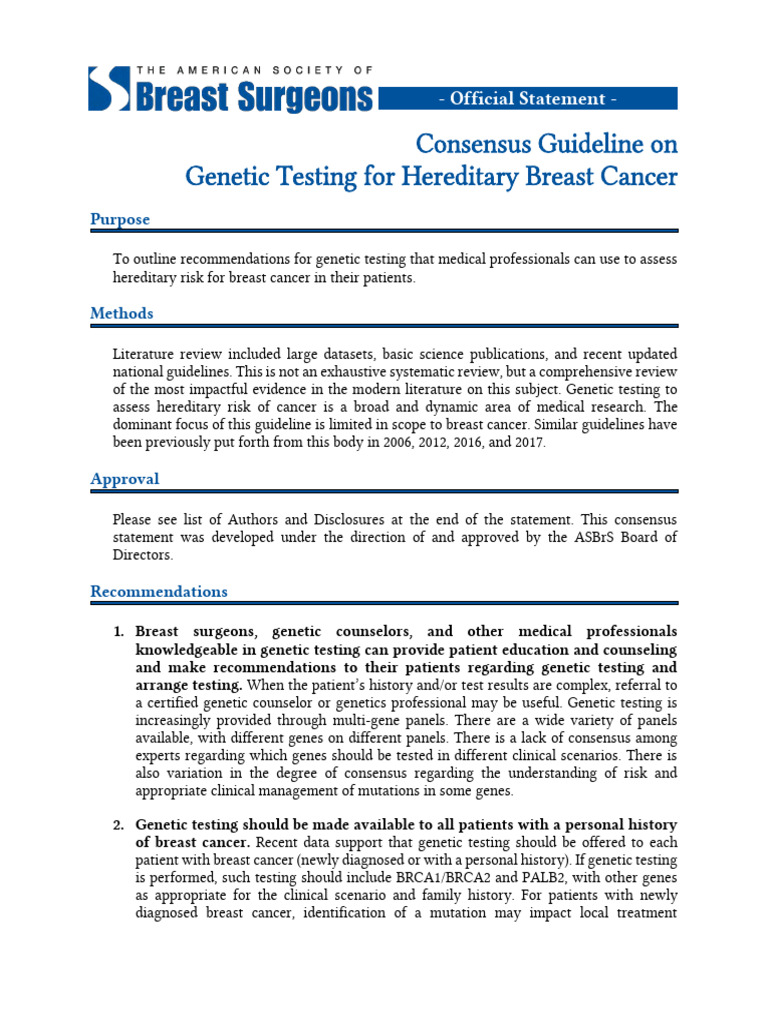Consensus Guideline On Genetic Testing For Hereditary Breast Cancer | PDF
