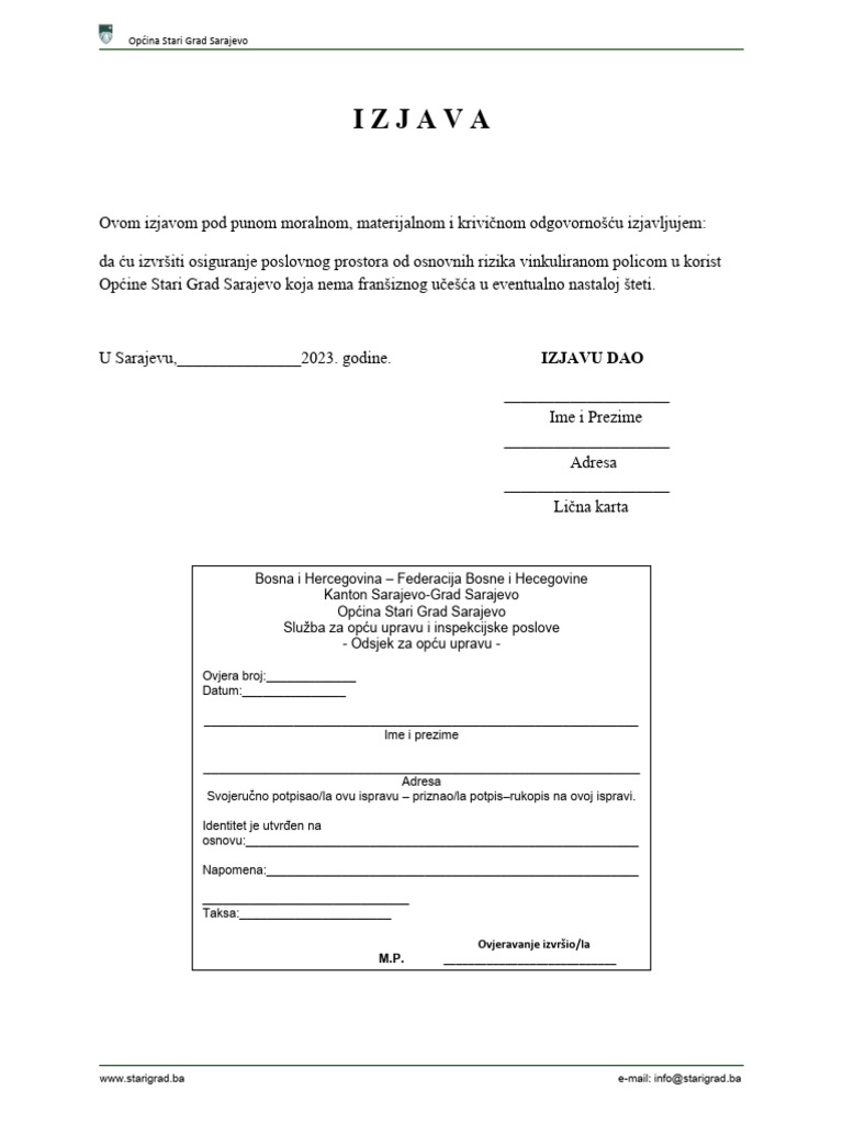 IZJAVA (Polica Osiguranja) | PDF