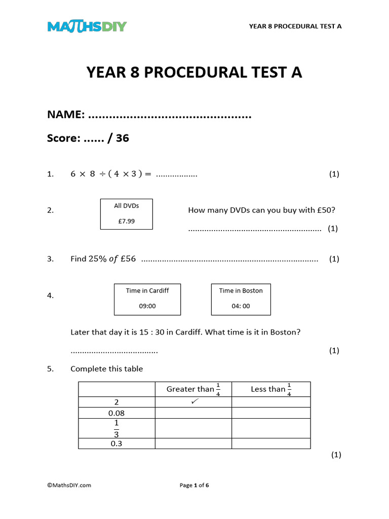 Year 8 Math Skills Test | PDF