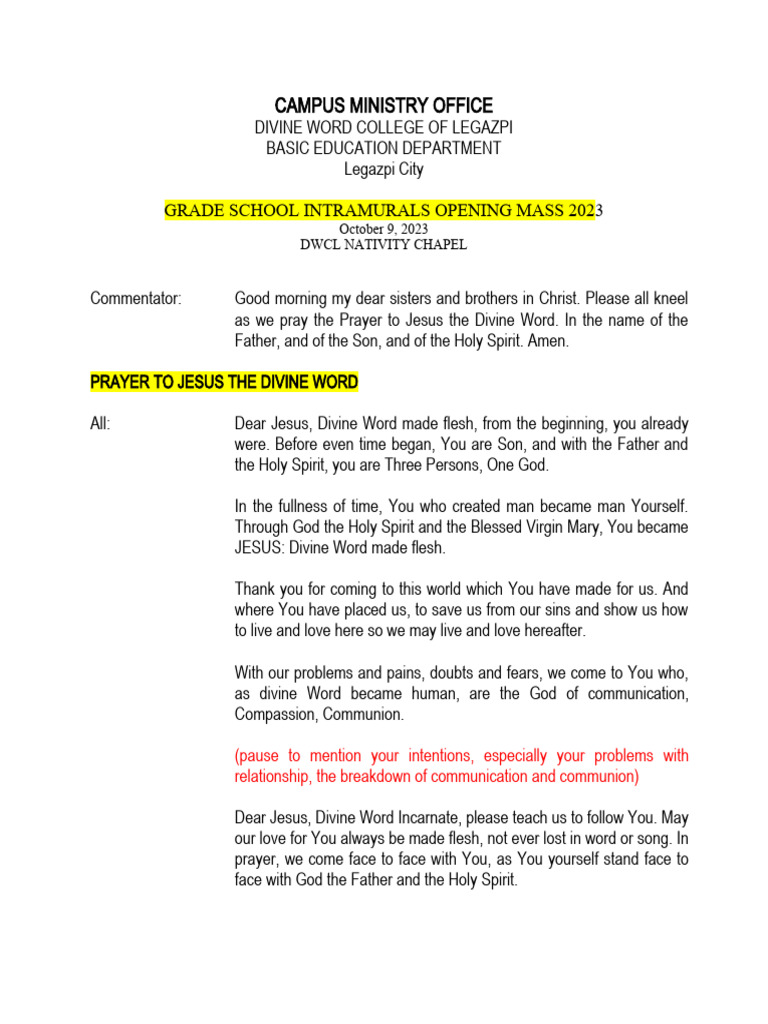 GS Intramurals 2023 Liturgy | PDF | Prayer | Jesus