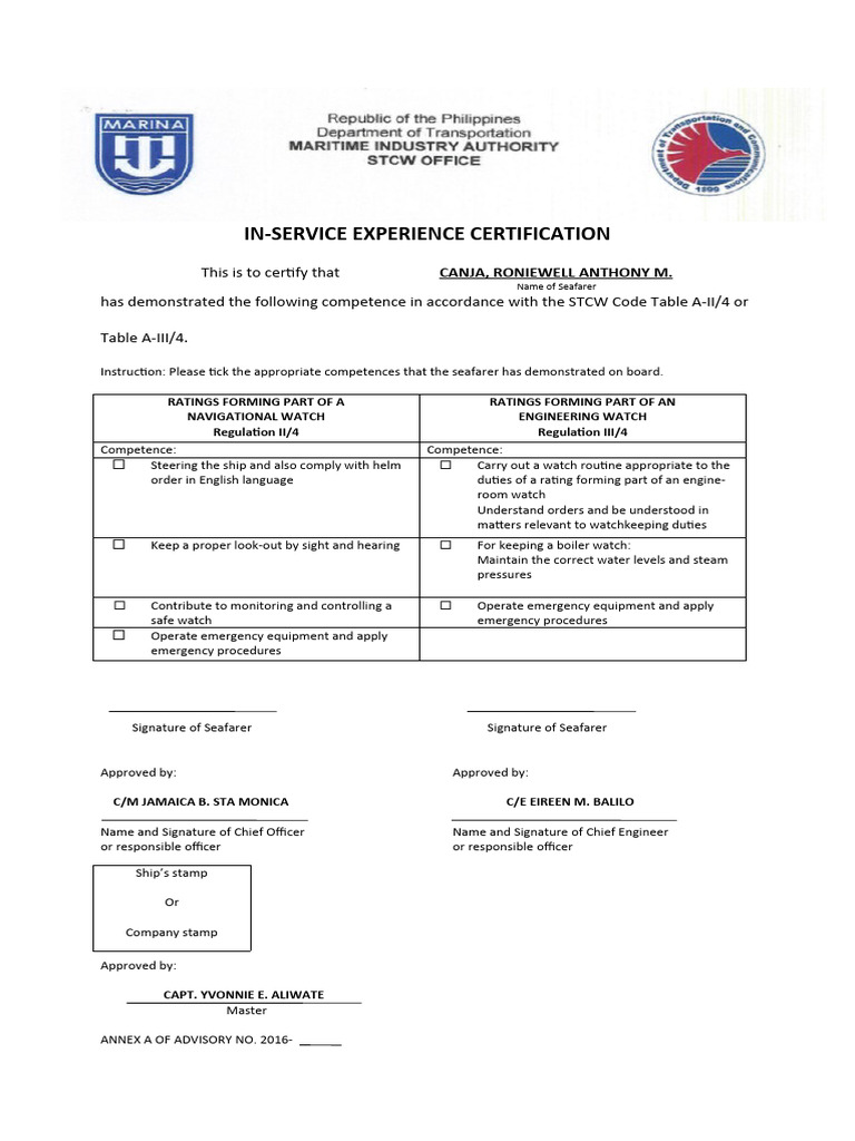 Mv. Ronewell - in Service Form | PDF | Sailor | Transport