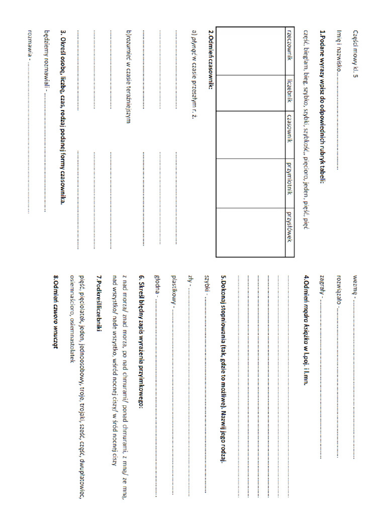 Sprawdzian Części Mowy Kl 6 Części Mowy Klasa 6 Test | PDF