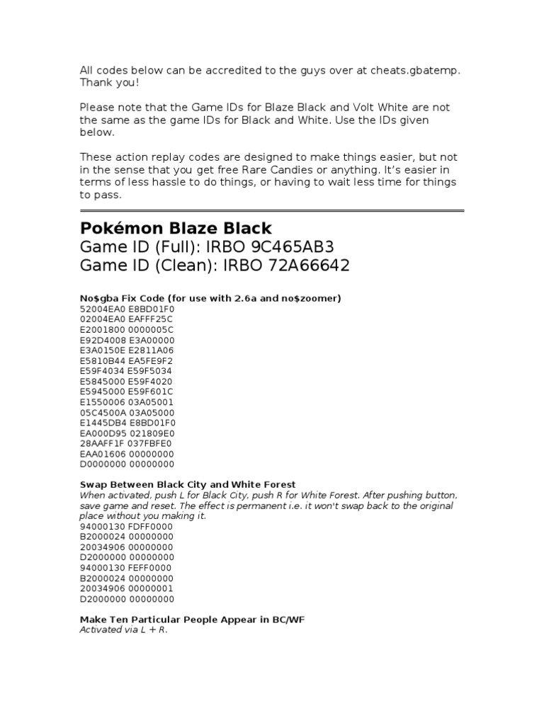 Pokemon Black Action Replay Cheats, PDF, Pokémon