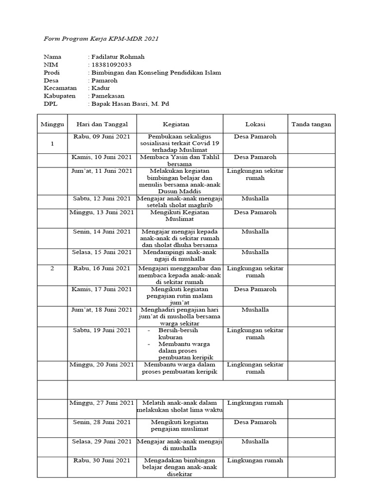 Program Kerja KPM-MDR 2021 Pamaroh | PDF