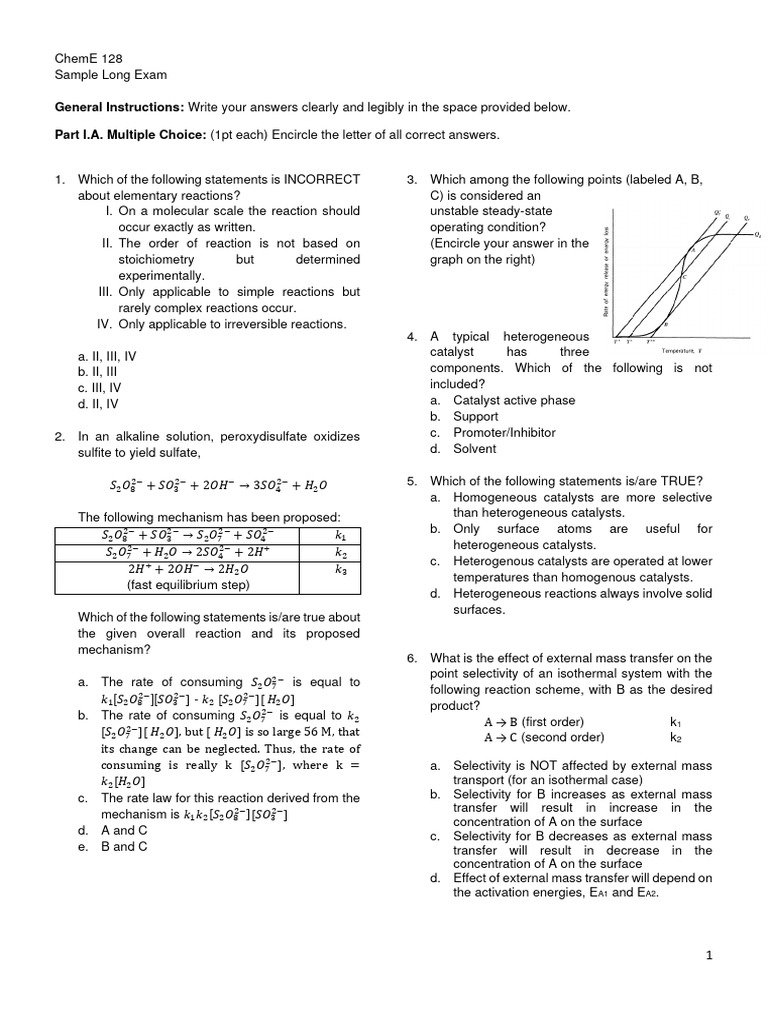 ChemE 128 Long Exam Sample Questions | PDF