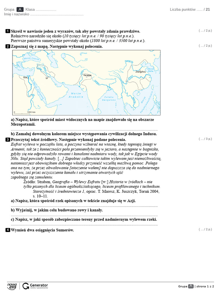 Historia 5 Klasa Sprawdzian | PDF