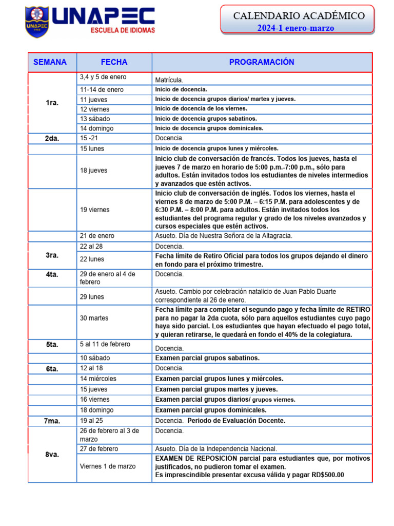 Calendario Académico UNAPEC 2024 | PDF