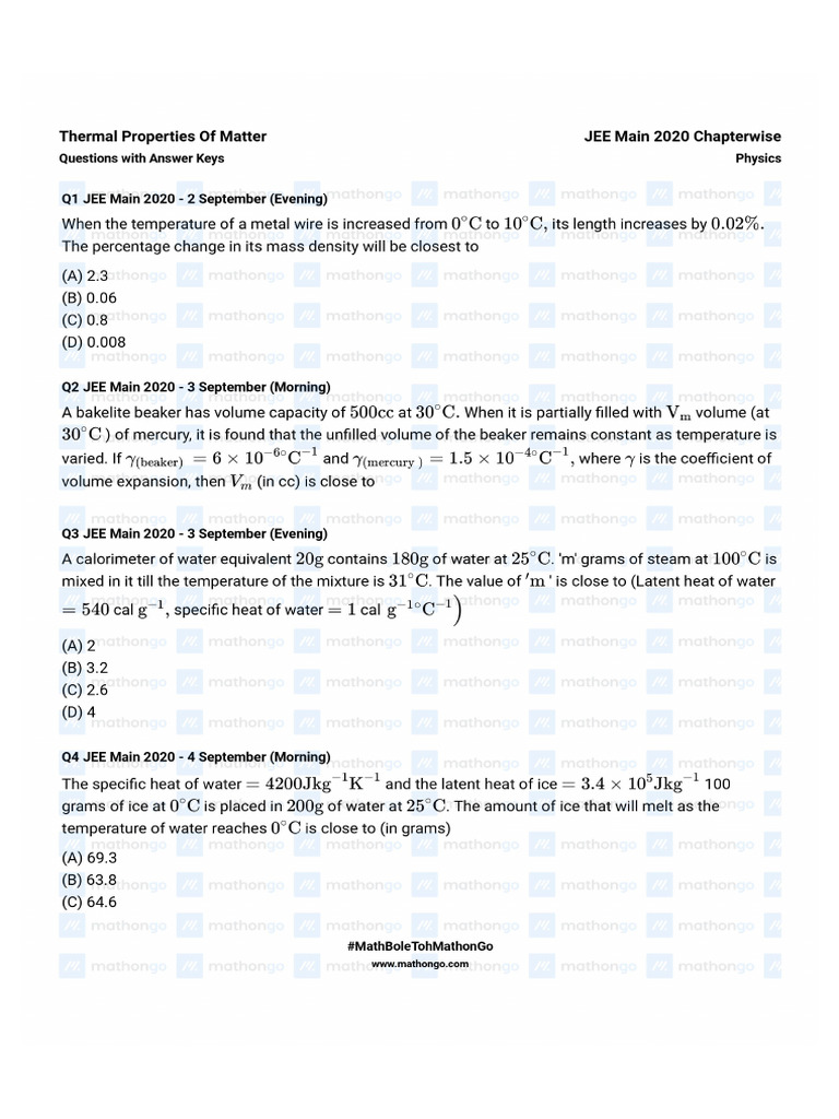 Thermal Properties of Matter Questions Jee Main 2020 Chapterwise