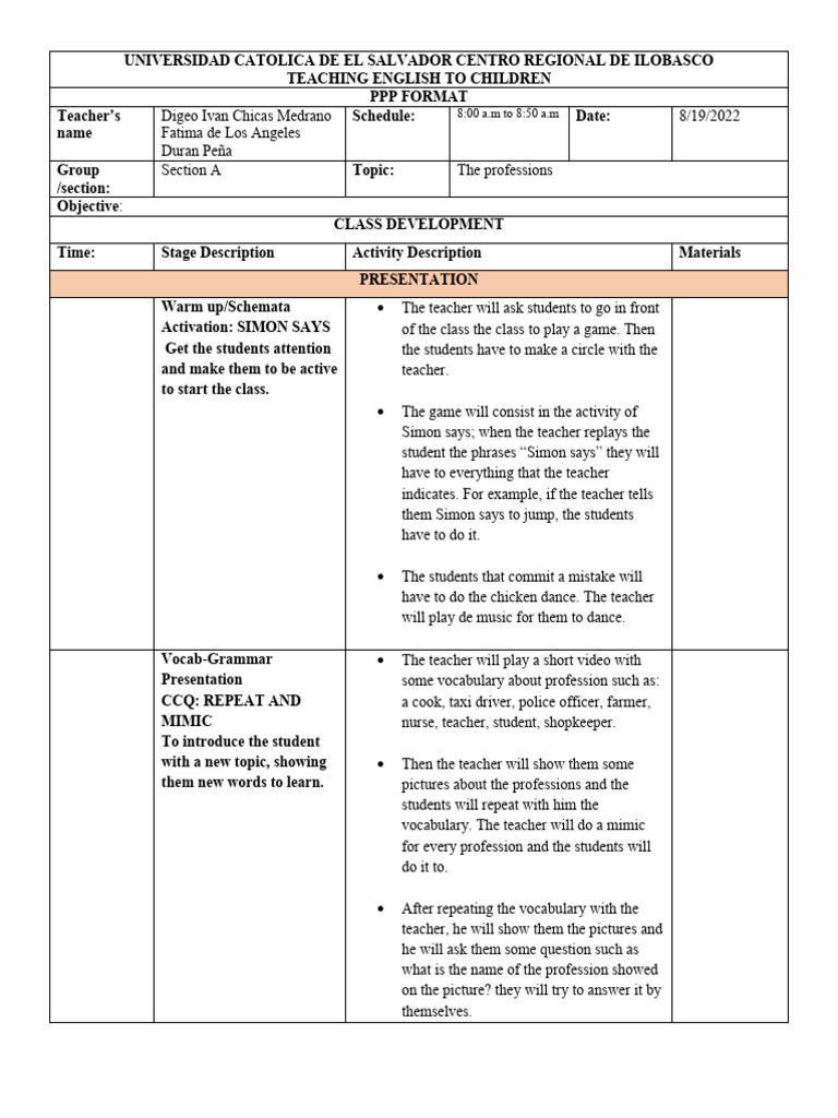Teaching English: Professions Lesson Plan | PDF