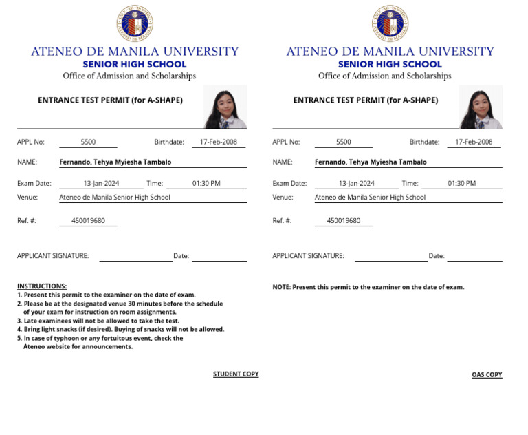 Exam Permit For Fernando, Tehya Myiesha Tambalo | PDF