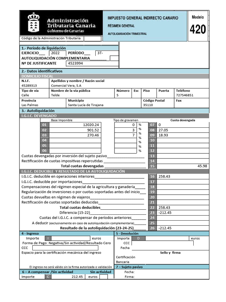 Autoliquidación Modelo 420 I.G.I.C. | PDF