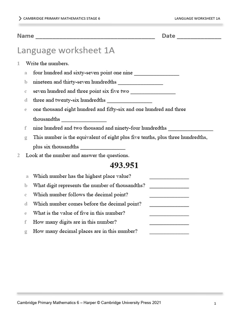 Cambridge Primary Maths Stage 6 Worksheet | PDF