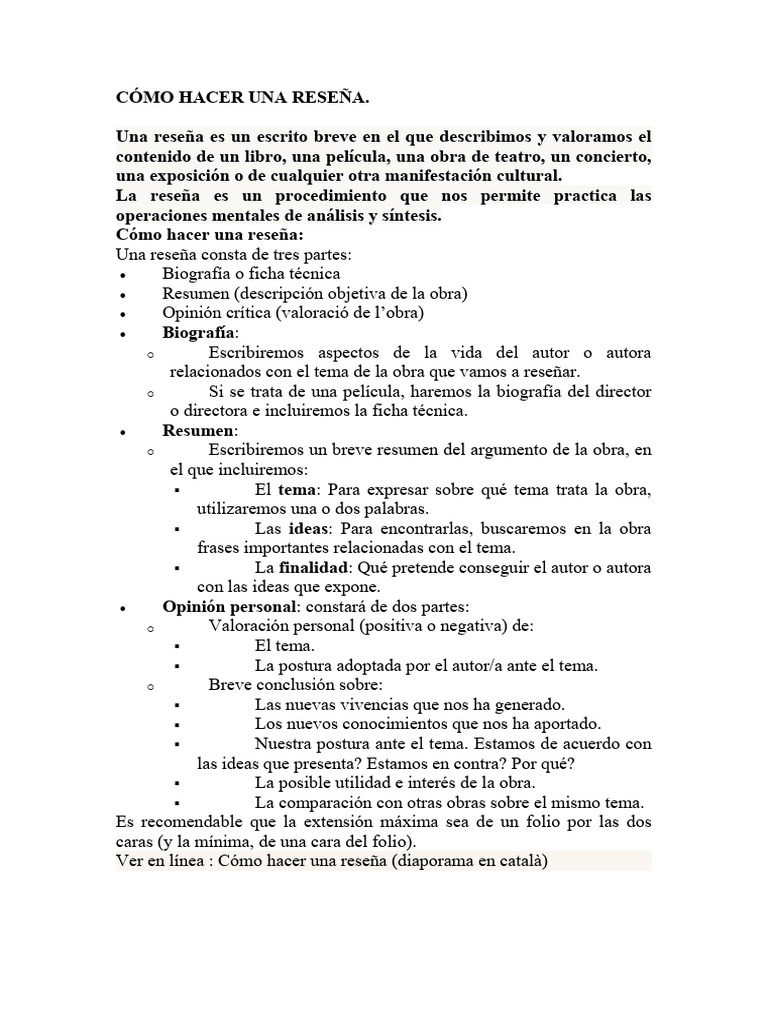 CÓMO HACER UNA RESEÑA.1º Bach | PDF