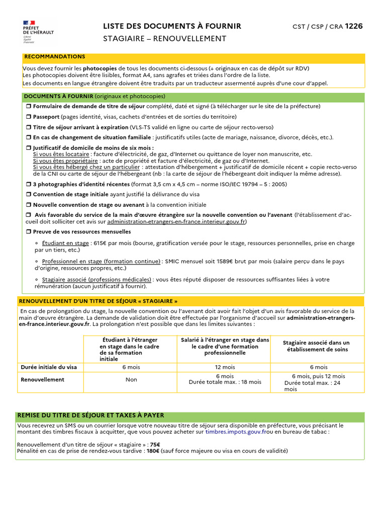 Documents pour renouveler titre de séjour | PDF | Visa (Document ...