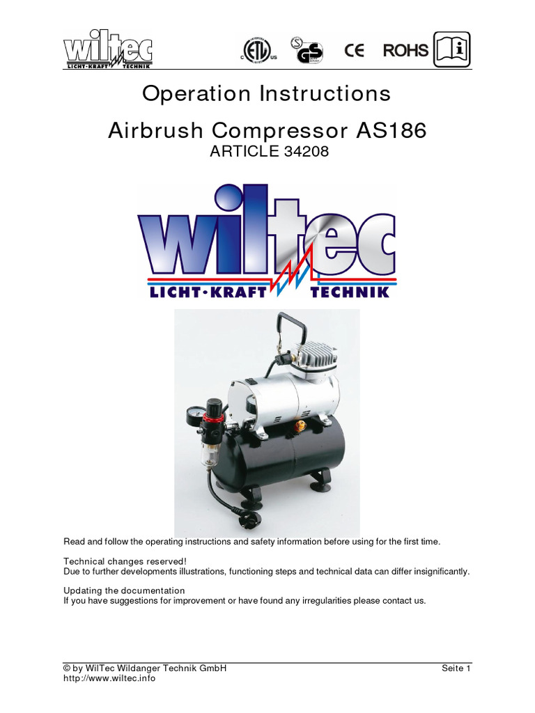 Operation Instructions Airbrush Compressor AS186: ARTICLE 34208 | PDF ...