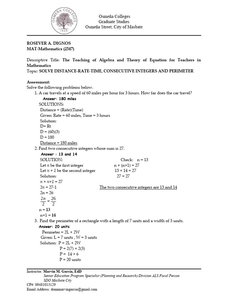 Assessment Solve Distance Rate Time Consecutive Integer Perimeter 2 ...