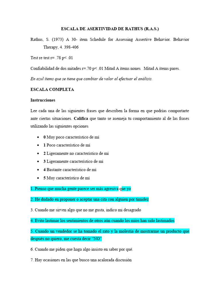 Escala de Asertividad de Rathus | PDF
