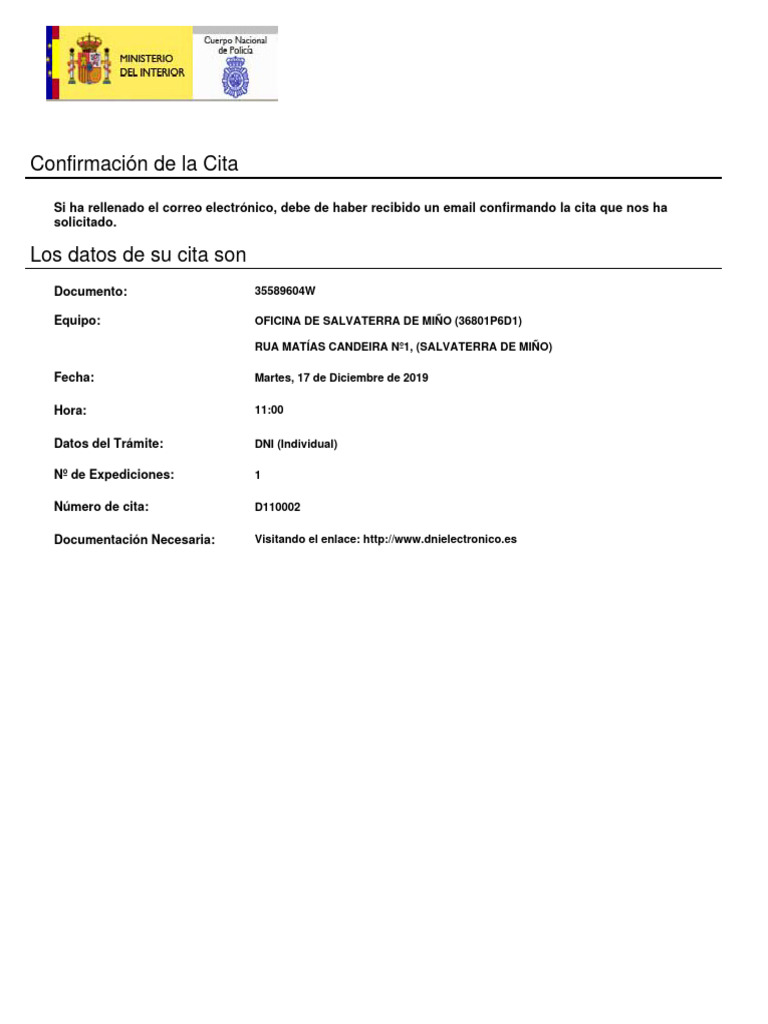 Confirmación de Cita en Salvatierra | PDF
