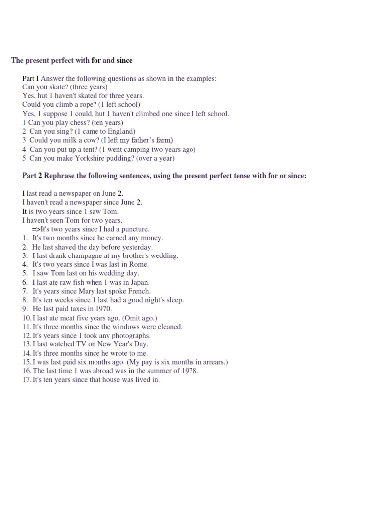 The present perfect with for and since | PDF