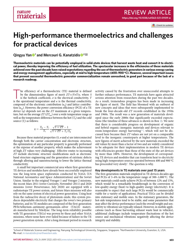 Advances in Thermoelectric Materials | PDF | Photovoltaics | Nature