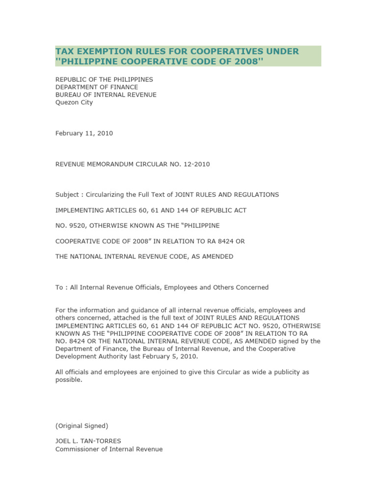 Tax Exemption Rules For Cooperatives Unde1 PDF
