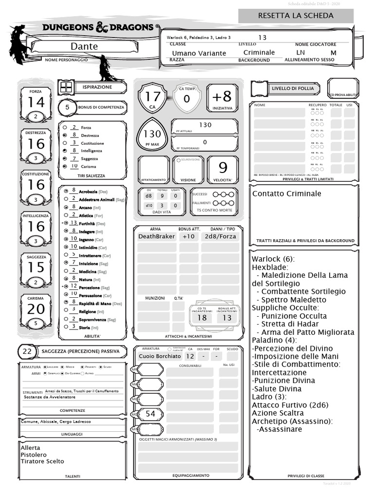 Scheda Dnd 5e Editabile