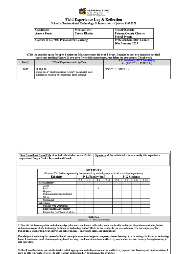 Itec 7600 Peraonalized Learning Field Experience Log PDF | PDF ...