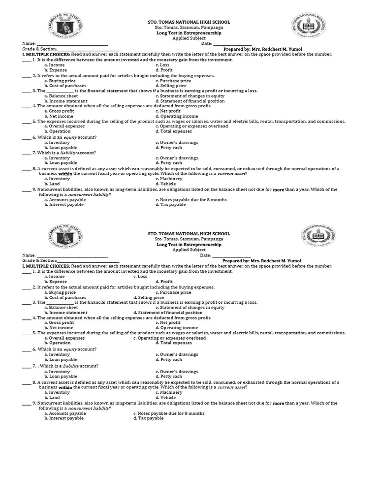 Entrepreneurship Long Test Questions | PDF | Expense | Balance Sheet