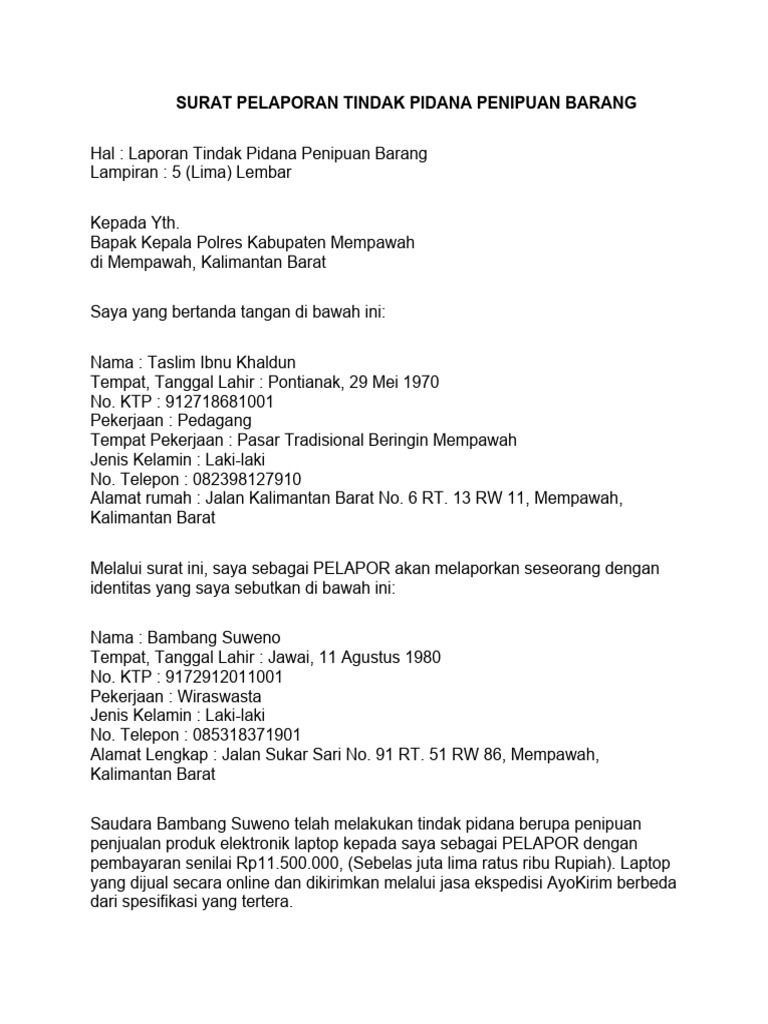 Surat Pelaporan Tindak Pidana Penipuan Barang Pdf