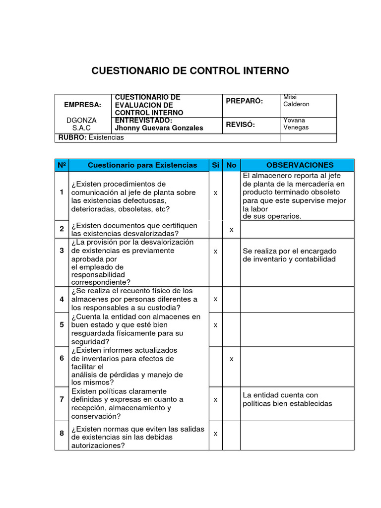 Cuestionario de Control Interno S.A.C. | PDF | Auditoría | Contabilidad