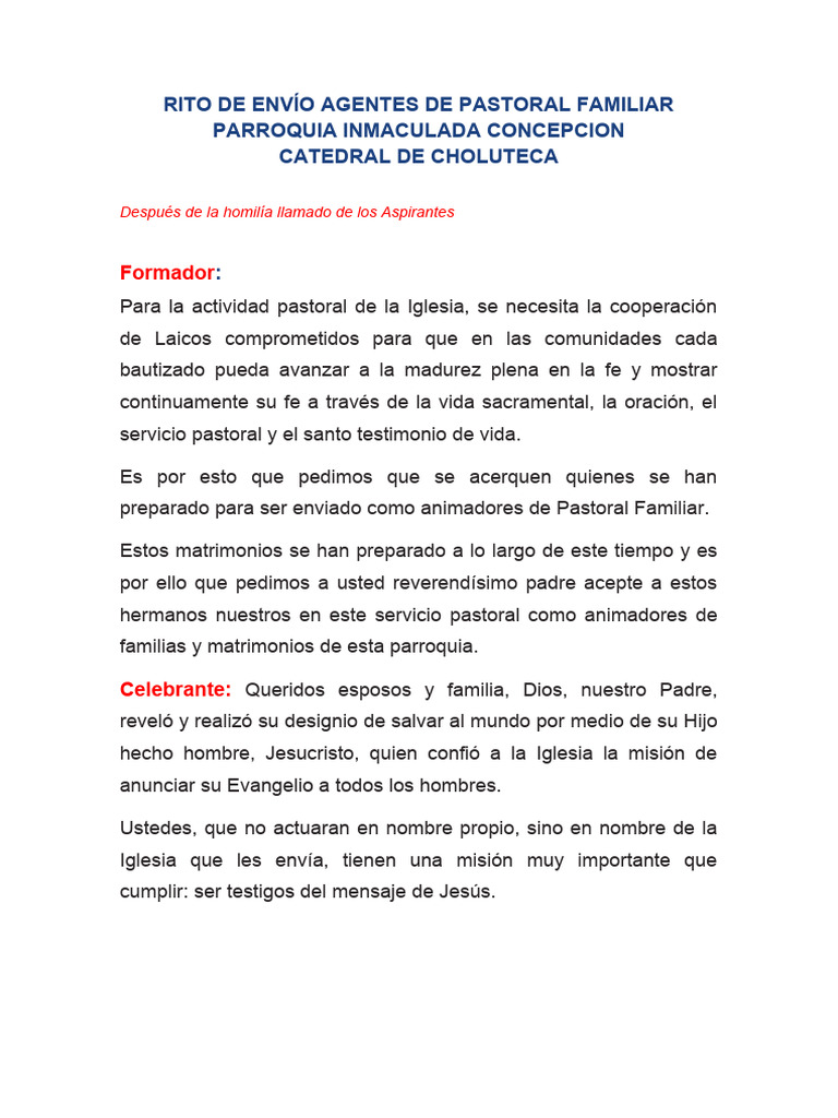 Rito de Envío Agentes de Pastoral Familiar | PDF | Iglesia Católica | Jesús