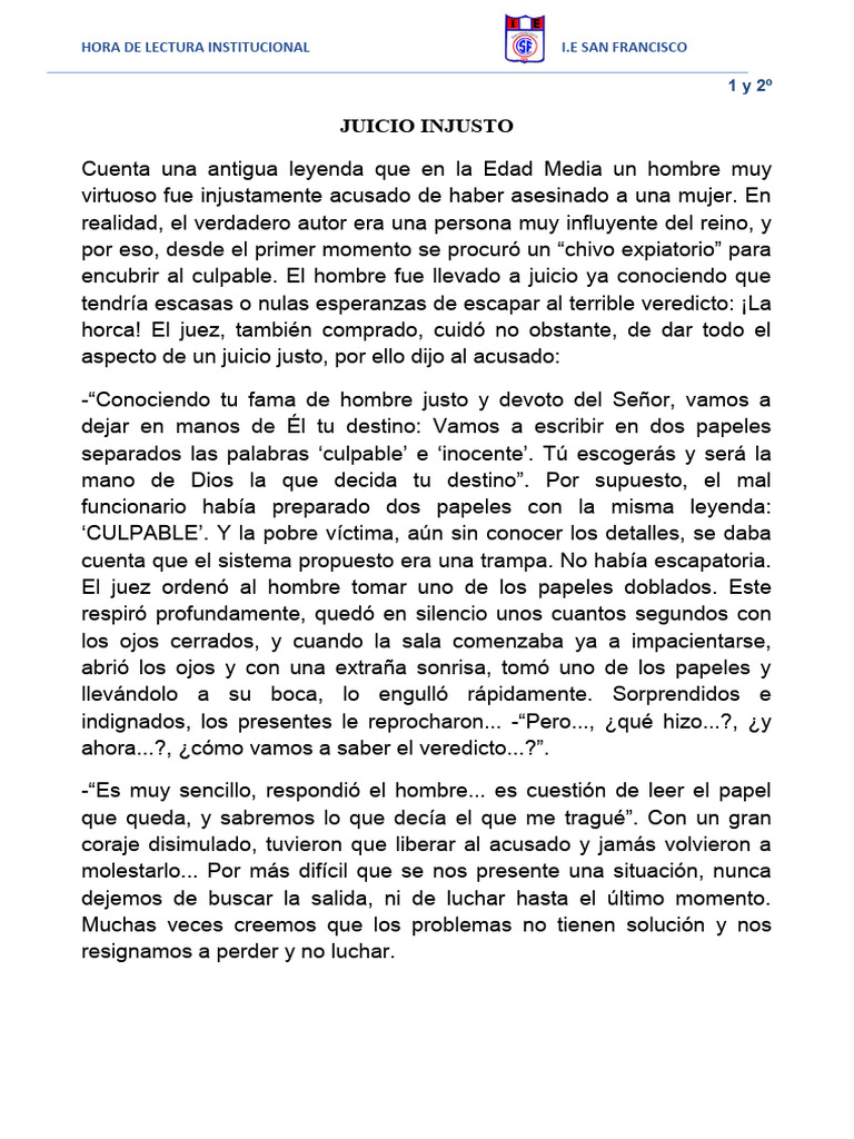 Lecturas para Secundaria: Juicio Injusto y Dios | PDF