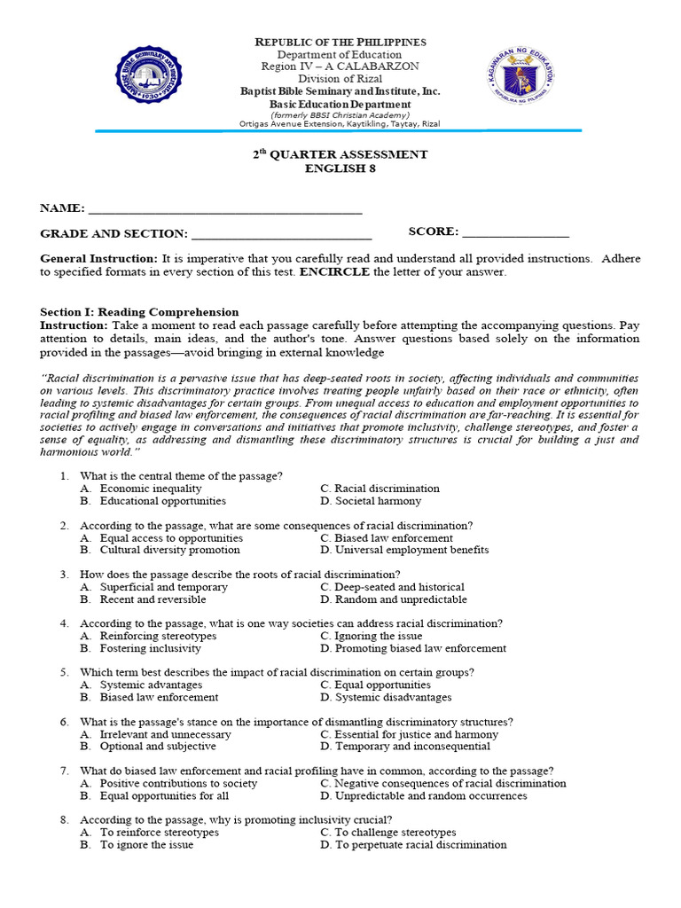 Grade 8 exam paper PDF Poetry Discrimination