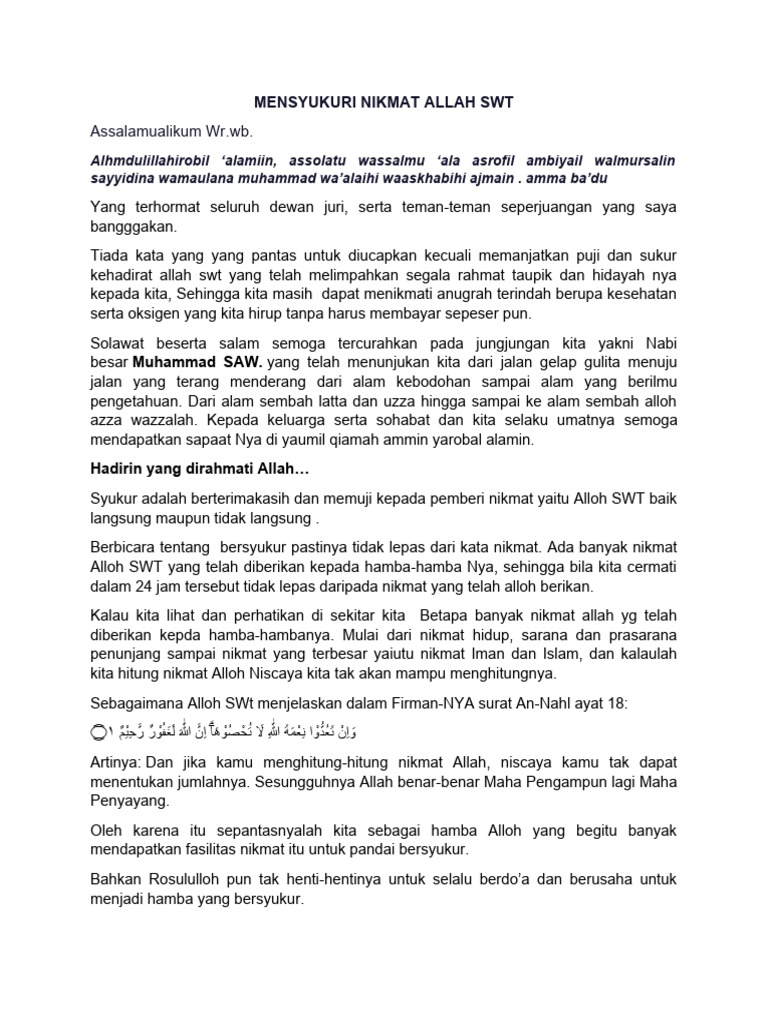 Pidato Mensyukuri Nikmat Allah Pentas Pai PDF