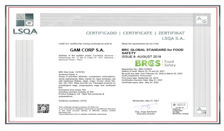 BRC Certification for GAM Corp S.A. | PDF
