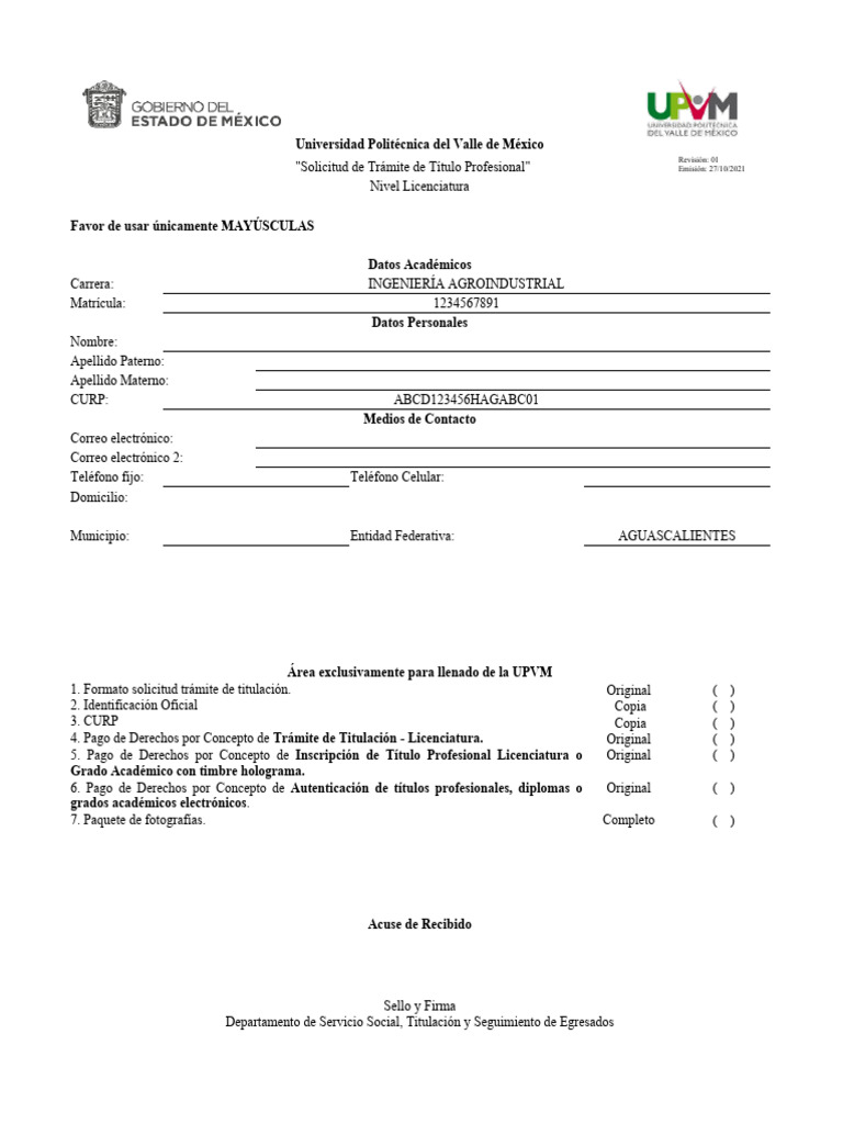 Solicitud de Título Profesional UPVM | PDF | Titulo academico