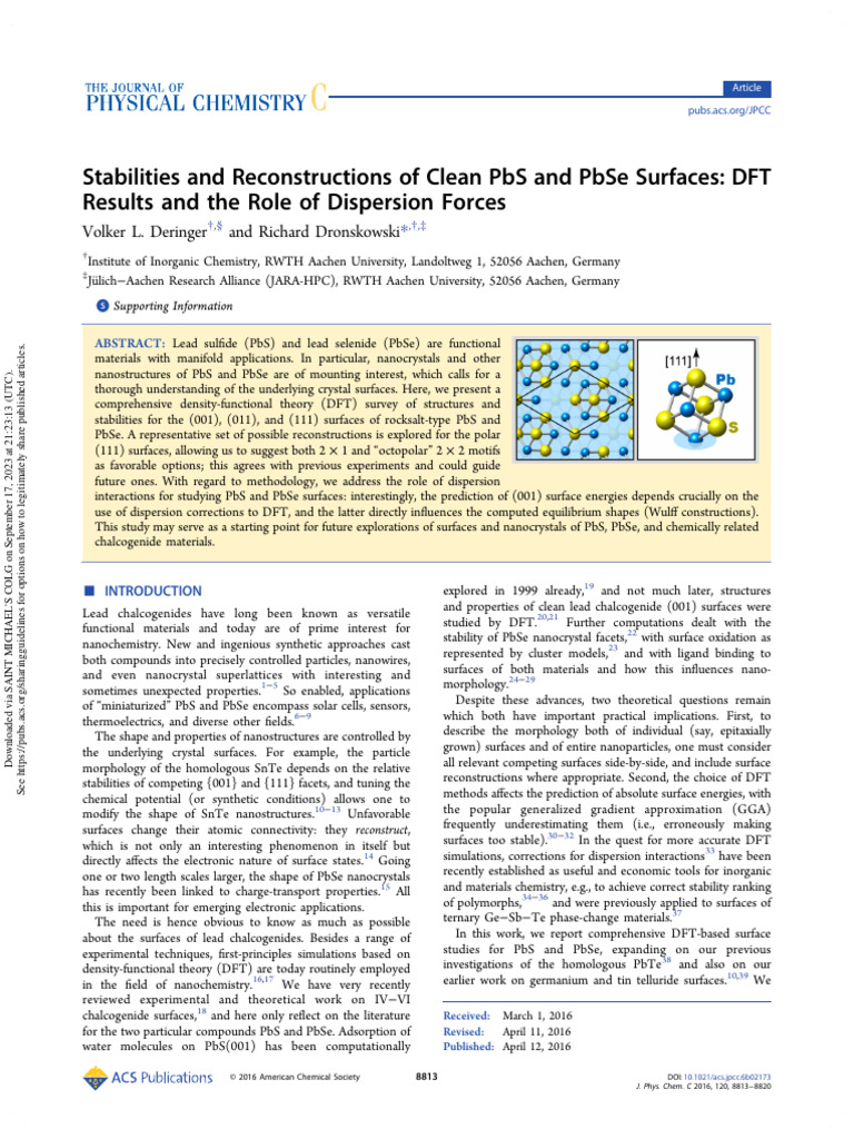 DFT Analysis of PbS and PbSe Surfaces | PDF | Density Functional Theory ...