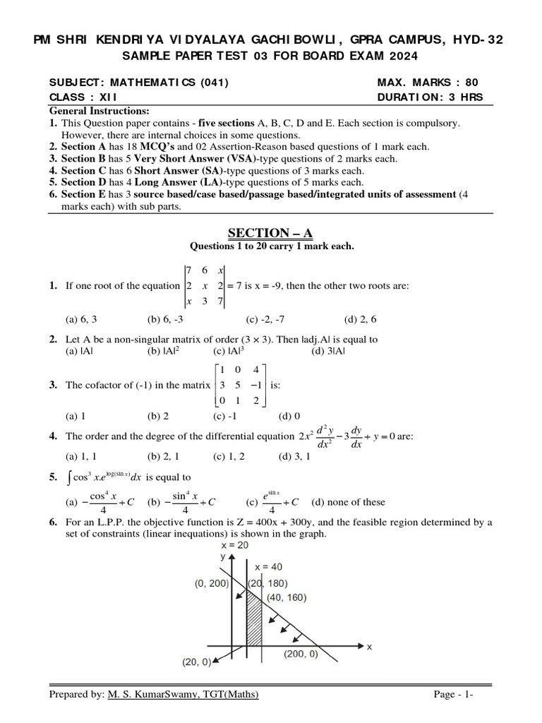 Class 12 Maths Sample Paper 2024 | PDF