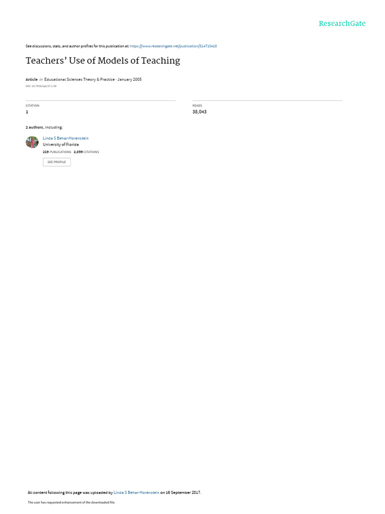 Teachers' Use of Models of Teaching Educational Sciences Theory & Practice January 2005 PDF