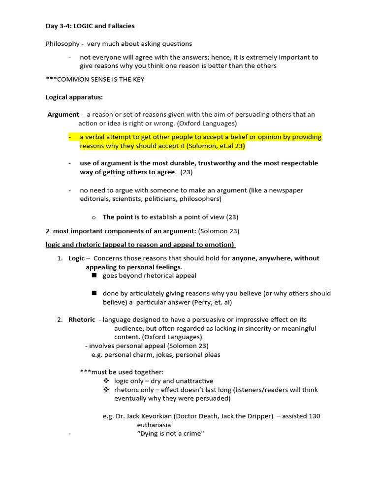 Day 3 and 4 Logic and Fallacies | PDF | Argument | Inductive Reasoning