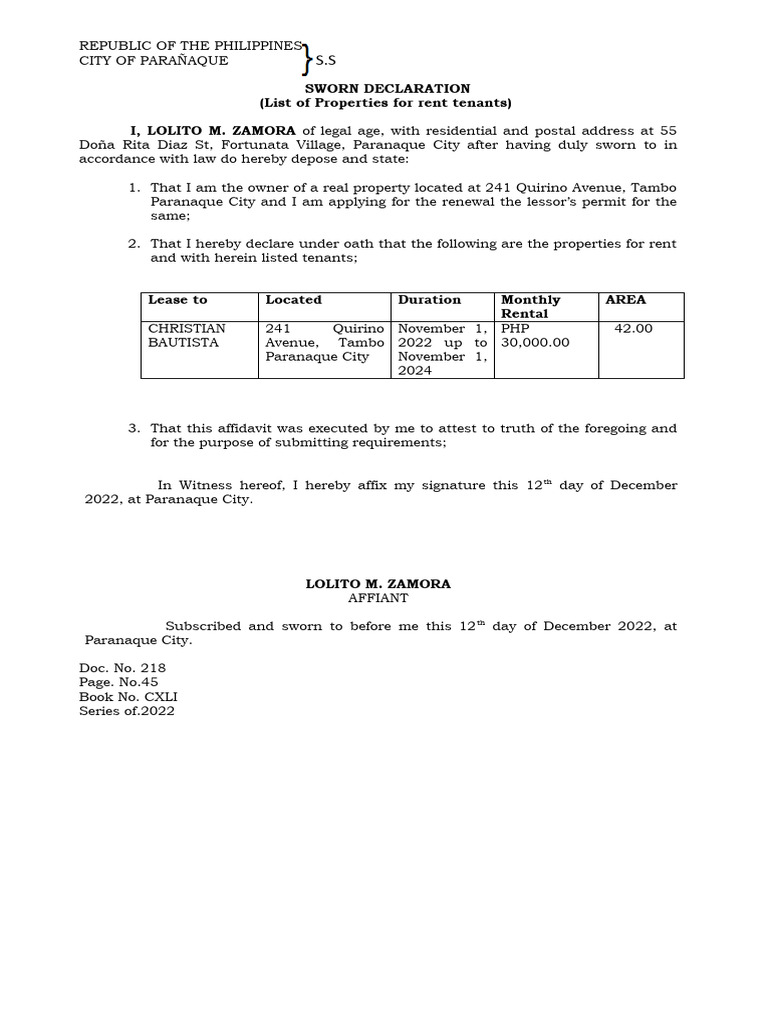 sworndeclarationupa1 PDF Affidavit Lease