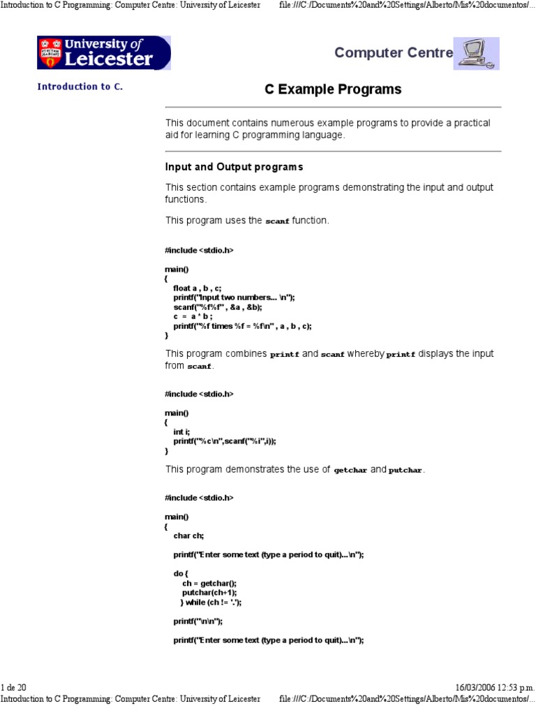 C Example Programs | PDF | C (Programming Language) | Control Flow