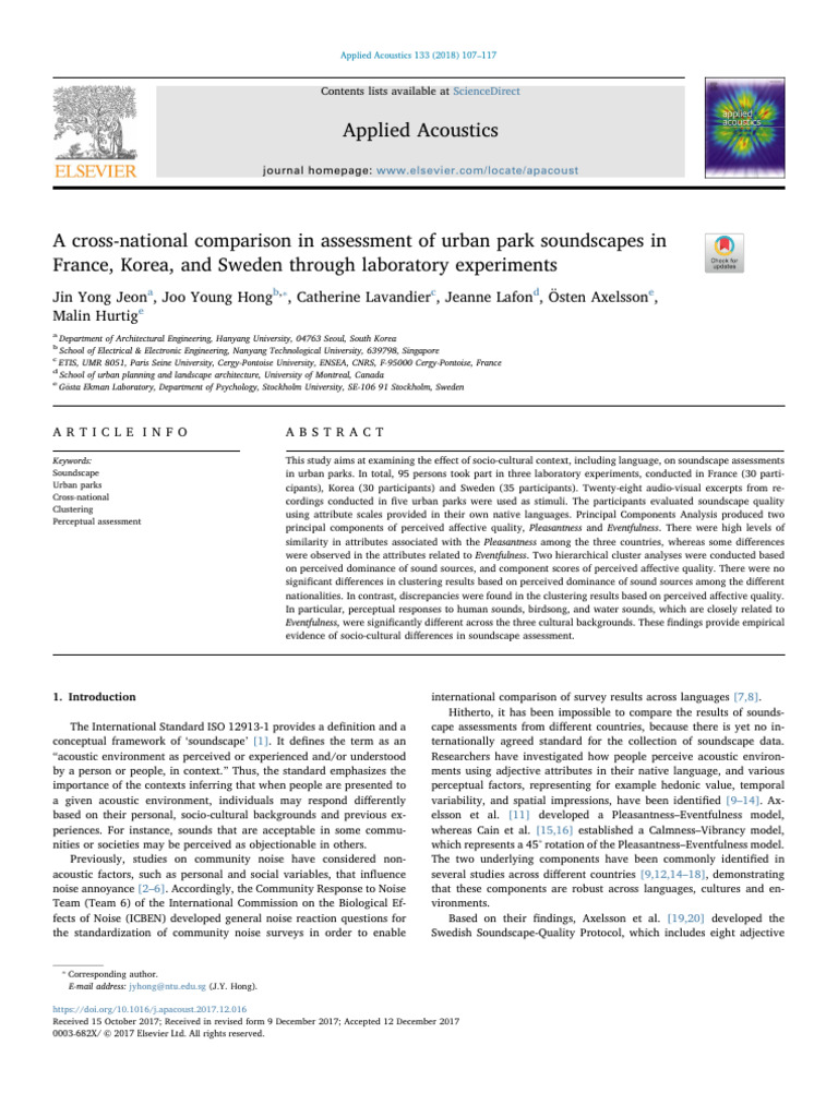 A Cross-National Comparison in Assessment of Urban Park Soundscapes in ...