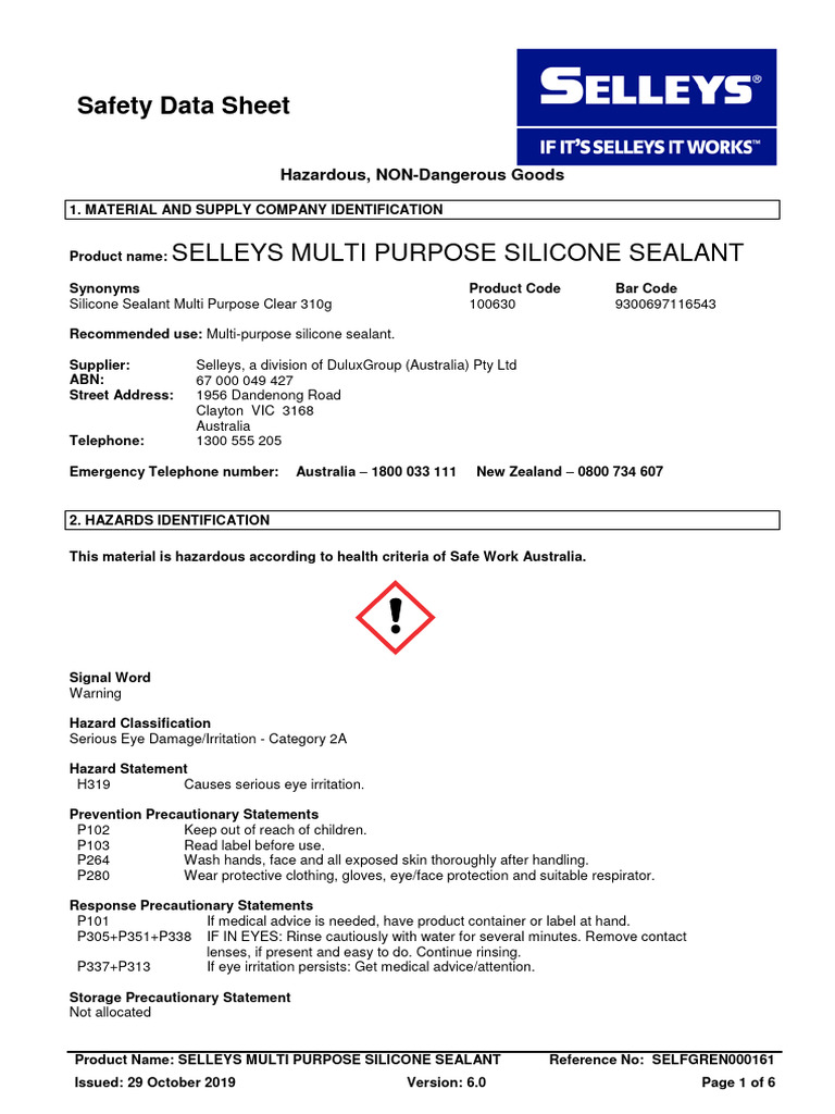Selleys Multi Purpose Silicone SealantAus GHS PDF Toxicity
