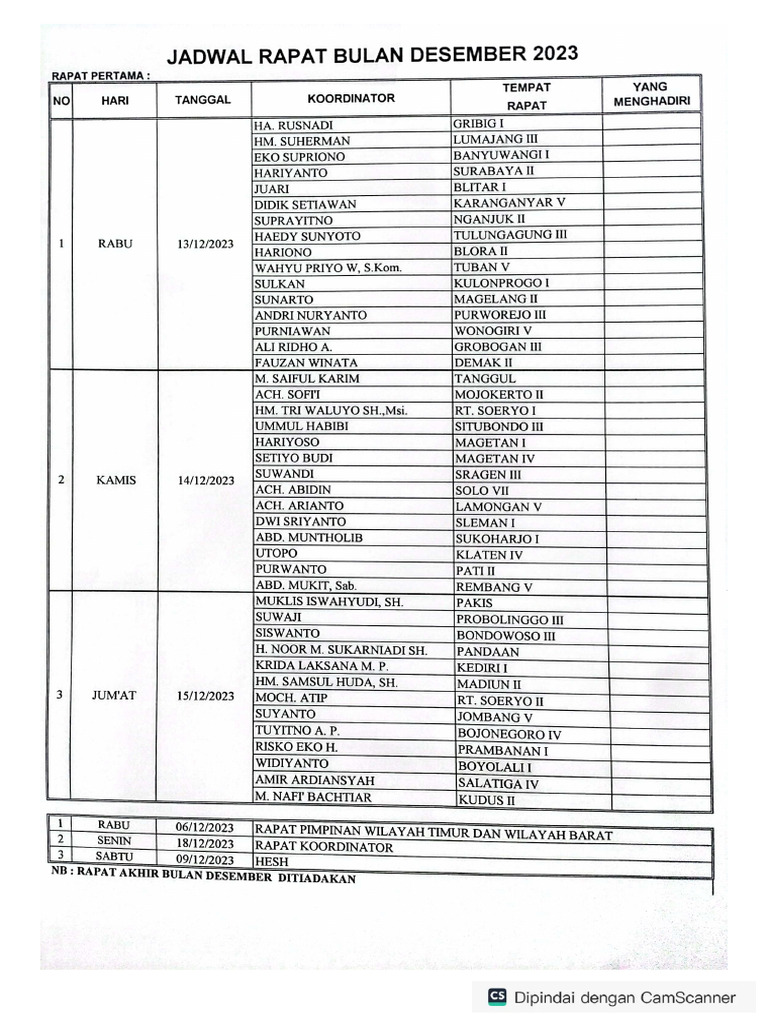 Jadwal Rapat Bulan Desember 2023 Pdf